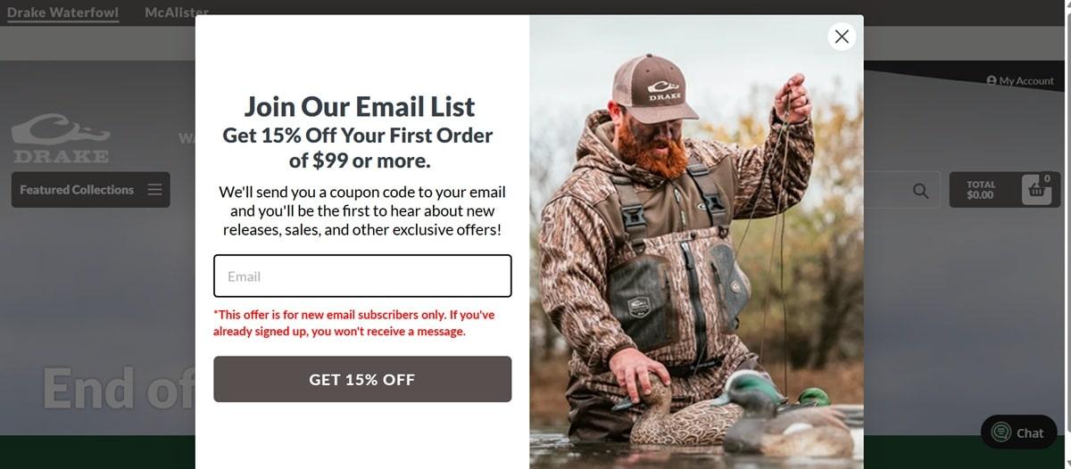 Drake Waterfowl splash page showing a clear exit option in the top right corner for better user experience